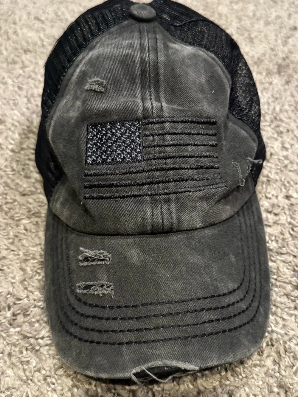 Distressed Women’s Trucker Cap with Embroidered Flag